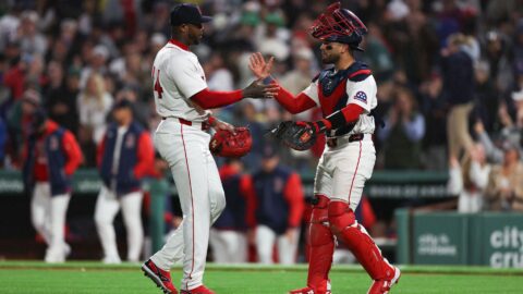 Boston Red Sox pitcher Aroldis Chapman and catcher Carlos Narvaez